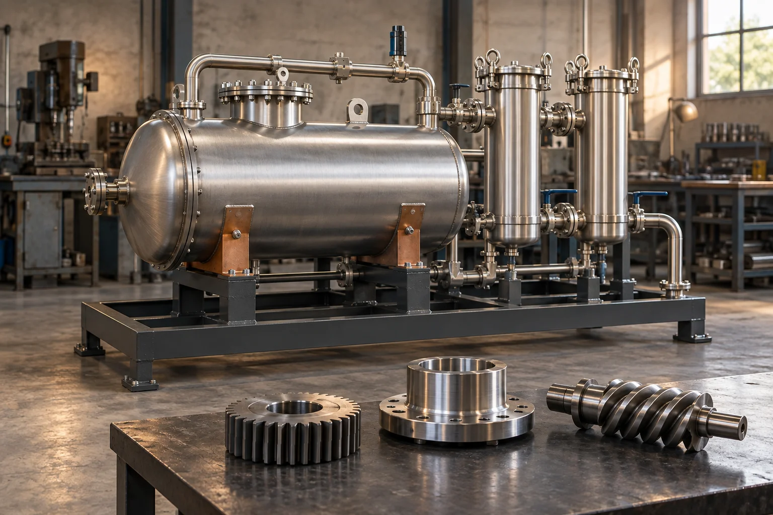 Custom illustration of stainless steel filtration equipment, a machined gear, flange, and screw assembly in a mechanical workshop.